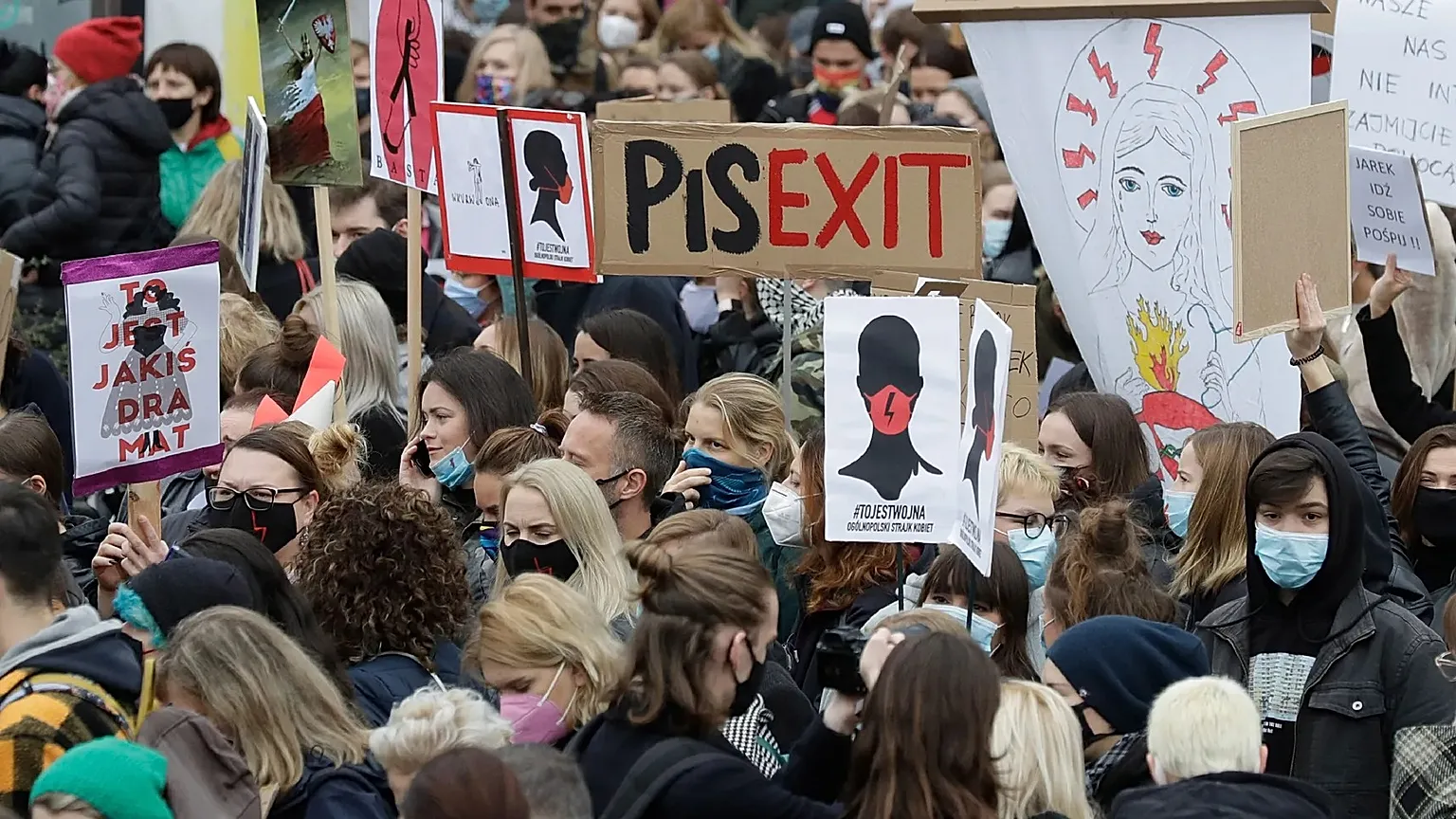 Women's rights activists during a protest in Warsaw against tightening of Poland's restrictive abortion law.