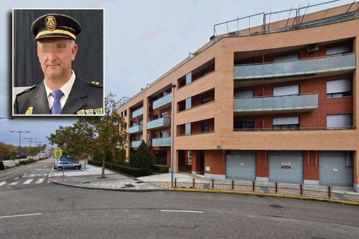 Bloque de pisos de La Flecha donde se encuentra la vivienda del jefe antidroga de la Policía de Valladolid, con el detenido en la imagen pequeña arriba