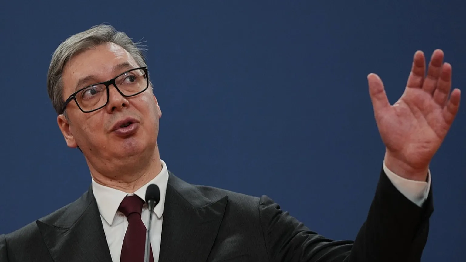 Serbian President Aleksandar Vučić at a joint news conference with European Commission President Ursula von der Leyen at the Serbia Palace in Belgrade, Serbia, Oct. 15, 2025.