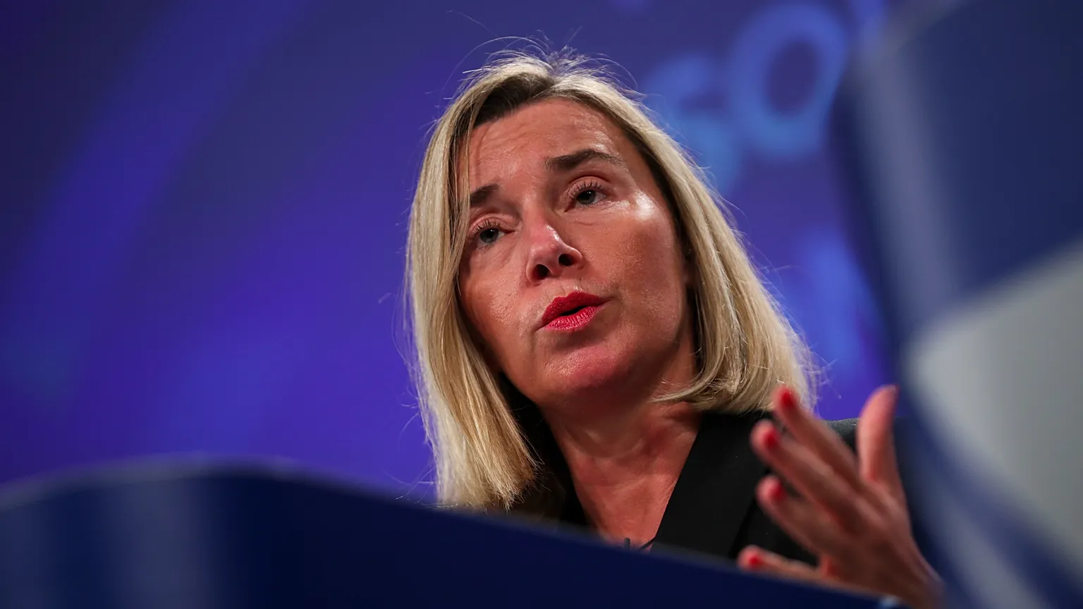 File: European Union Foreign Policy chief Federica Mogherini talks to journalists in 2019