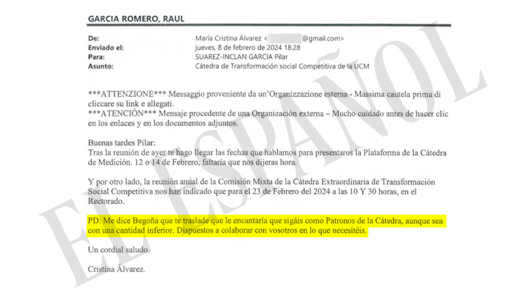 Correo enviado por Álvarez a Reale Seguros instando a seguir financiando la cátedra de Begoña.