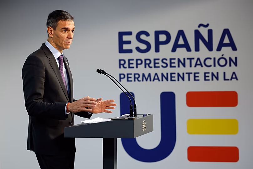 Spain's Prime Minister Pedro Sánchez speaks during a media conference at the EU Summit in Brussels, 19 December, 2025