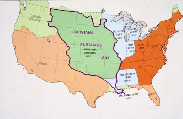 Mapa de Estados Unidos que muestra la extensión de Luisiana, territorio comprado a Francia en 1803.