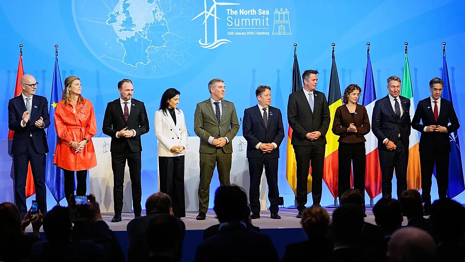 German Economy and Energy Minister Katherina Reiche, fourth from left, poses for a family photo with her counterparts and other ministers during the North Sea Summit.
