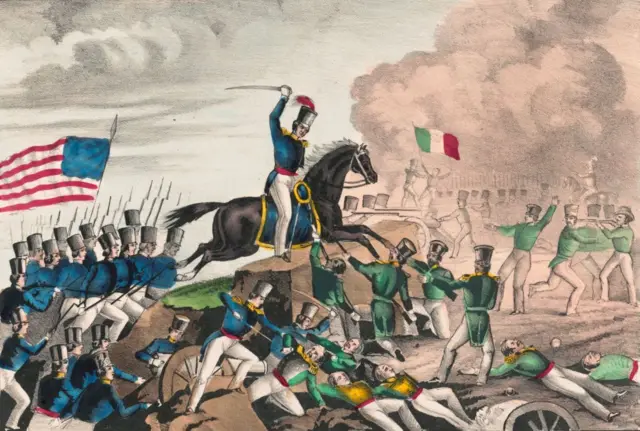 Ilustración de época que muestra el avance de las tropas estadounidenses frente a unas diezmadas fuerzas mexicanas.