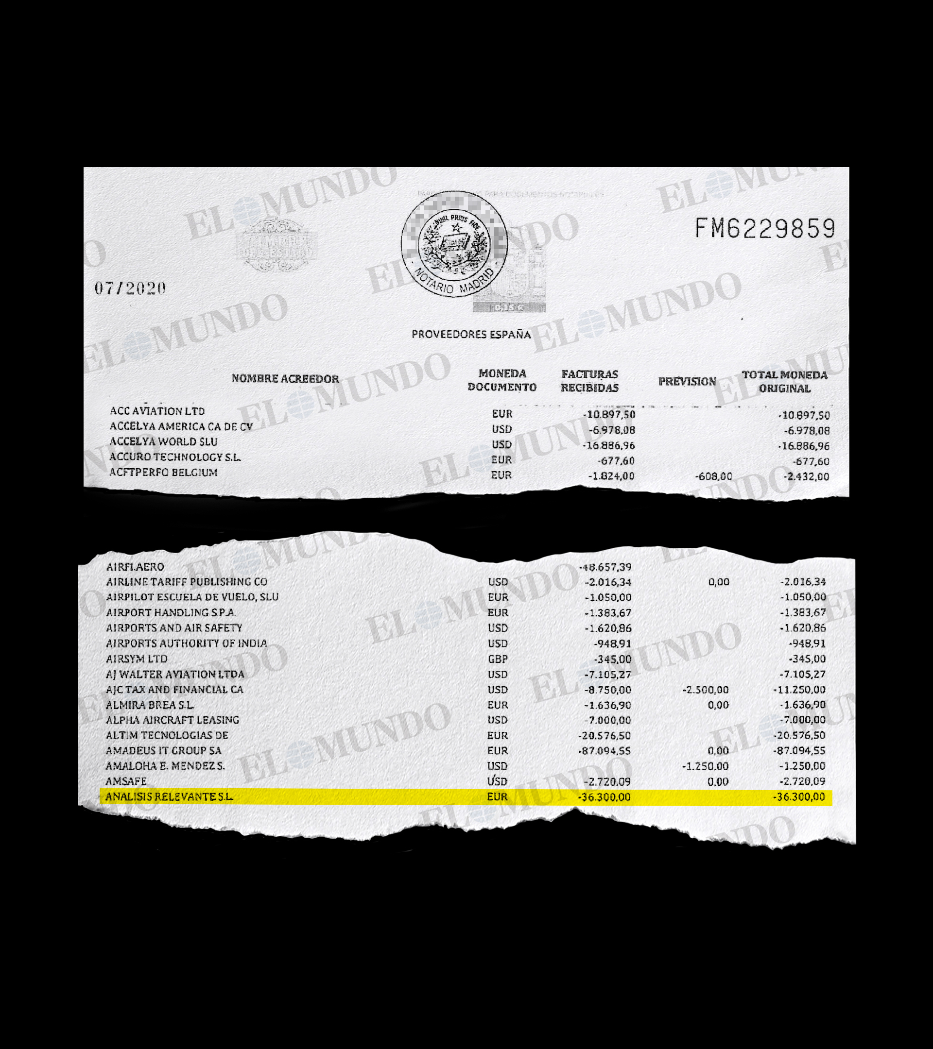 Extracto de proveedores de Plus Ultra pendientes de cobro en el contrato del rescate firmado por Sepi ante notario.