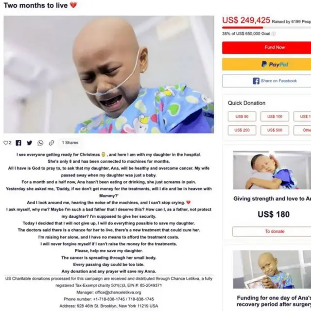 Campaña para recaudar fondos para Ana con el título "Dos meses de vida", en la que se ve a Ana sin pelo con una cánula de oxígeno en la nariz llorando en el hospital