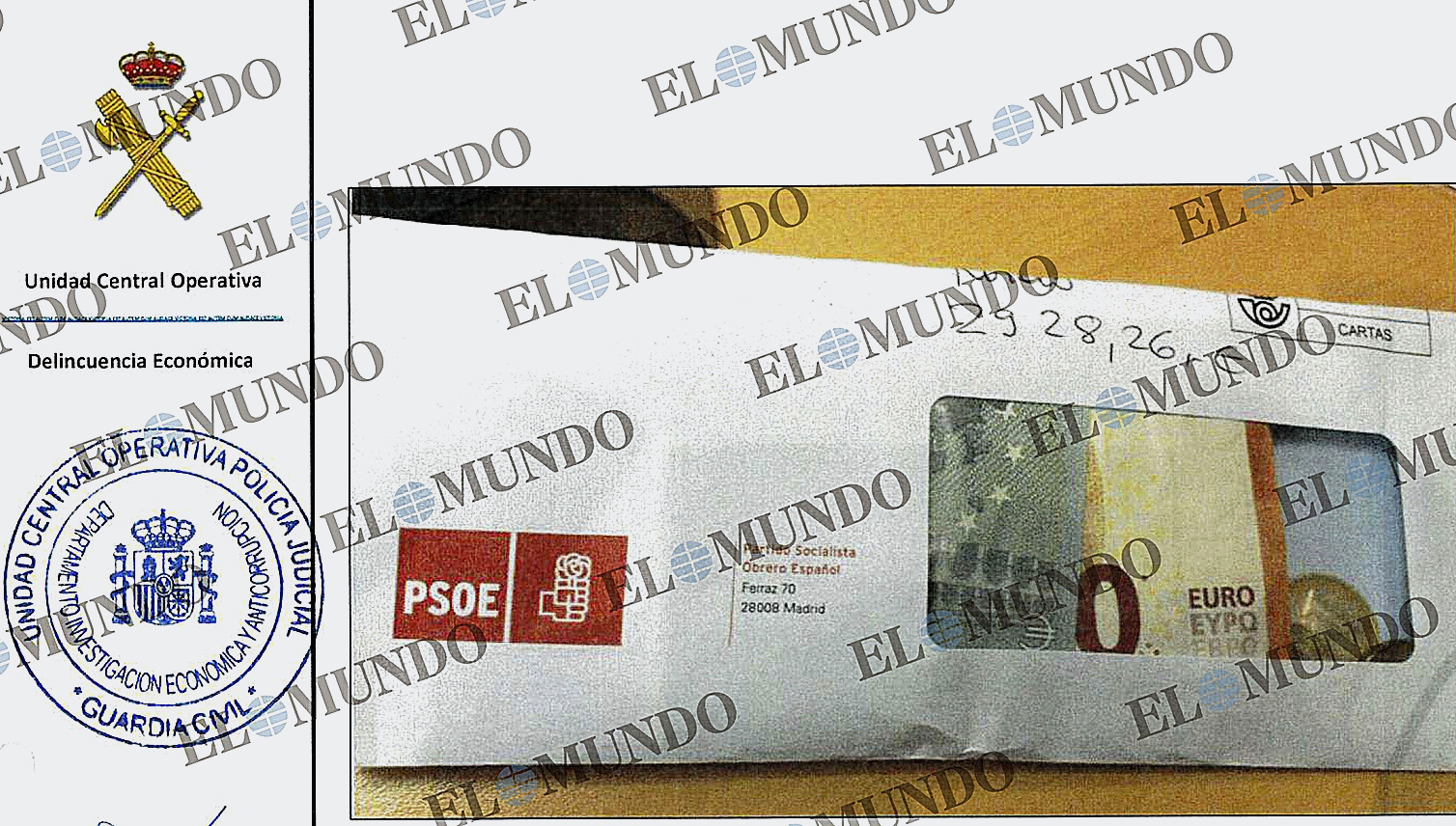 Foto con dinero en efectivo en un sobre del PSOE encontrado por la UCO en el 'caso Koldo'.