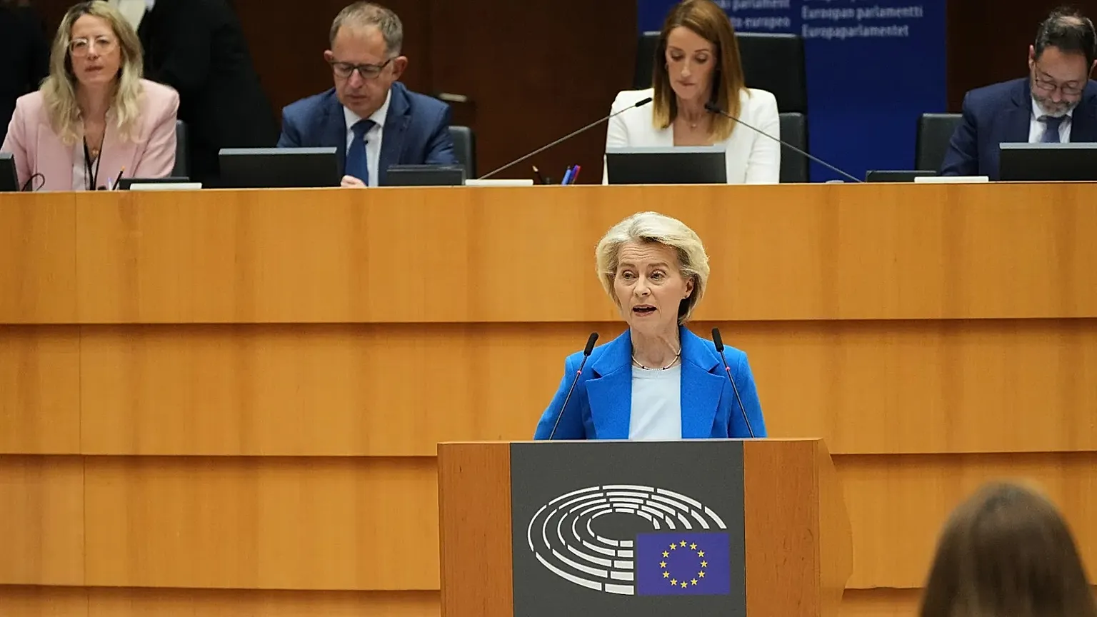 European Commission President Ursula von der Leyen addresses the European Parliament in Brussels.