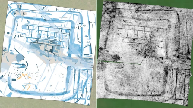 Un boceto que interpreta el descubrimiento del equipo al lado del escaneo con radar de penetración subterránea. Los cuartos individuales de la villa y sus corredores son claramente visibles