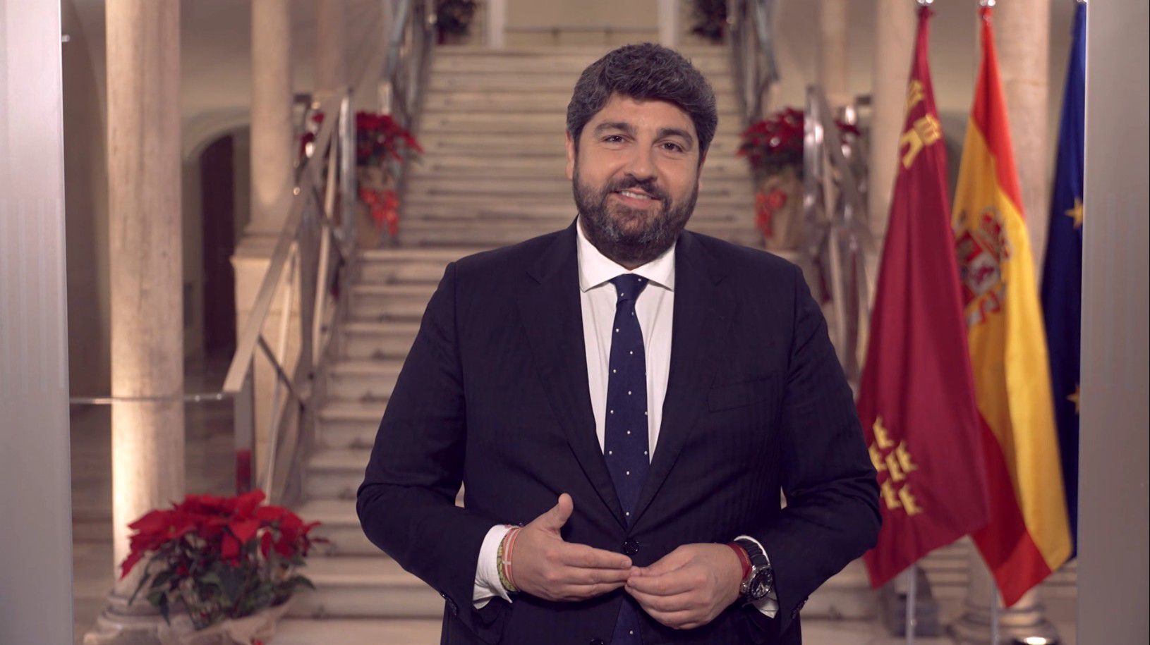 El presidente de la Región de Murcia, Fernando López Miras, durante su mensaje de Fin de Año desde el Palacio de San Esteban