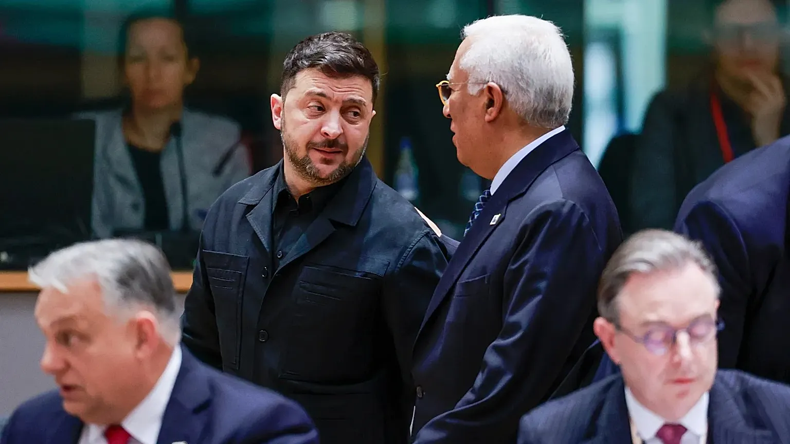 Ukrainian president Volodymyr Zelenskyy and European Council President Antonio Costa in Brussels.