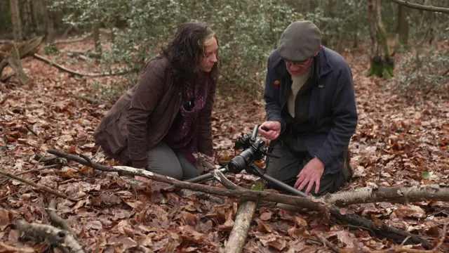Barry Webb se arrodilla en el terreno de un bosque entre hojas y ramas mientras mira a través de su cámara y explica el proceso a la reportera Victoria Cook, que está arrodillada a su lado