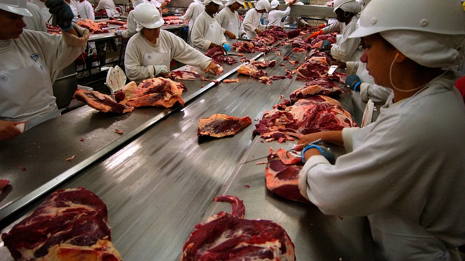workers at the Bertin meat processing plant cut meat in the town of Lins, Sao Paulo, Brazil. (AP Photo/Dario Lopez-Mills, file)