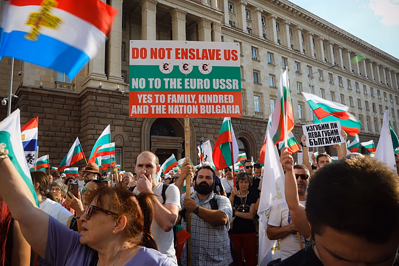 Bulgarians protest against joining the eurozone in downtown Sofia, 28 June, 2025