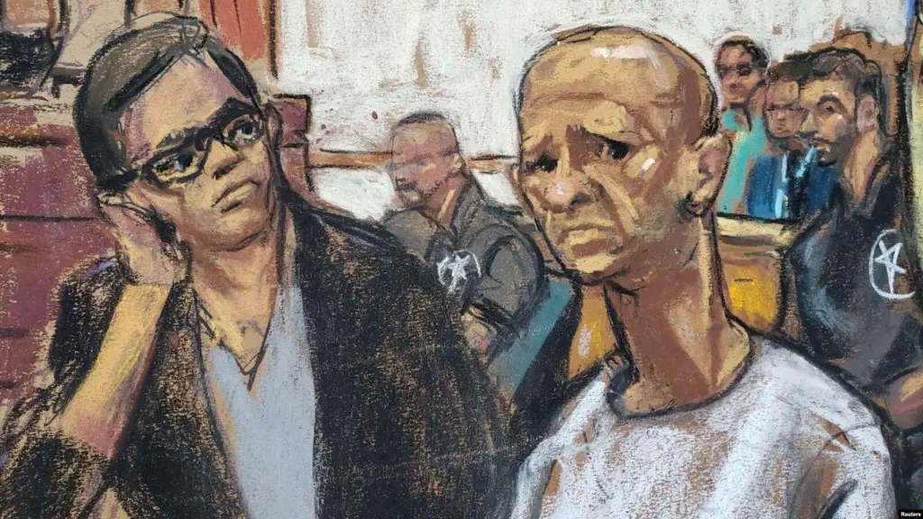 Ilustración del momento en que el Hugo Armando 'El Pollo' Carvajal, asiste a la primera audiencia ante la corte de Nueva York