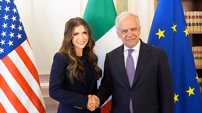 U.S. Homeland Security Secretary Kristi Noem, left, and Italian Interior Minister Matteo Piantedosi met at the Interior Ministry headquarters. (AP Photo/Alex Brandon, Pool)