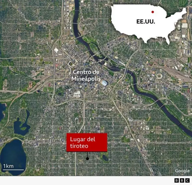 Mapa de Mineápolis con el lugar del tiroteo indicado en la ciudad y dentro de EE.UU.