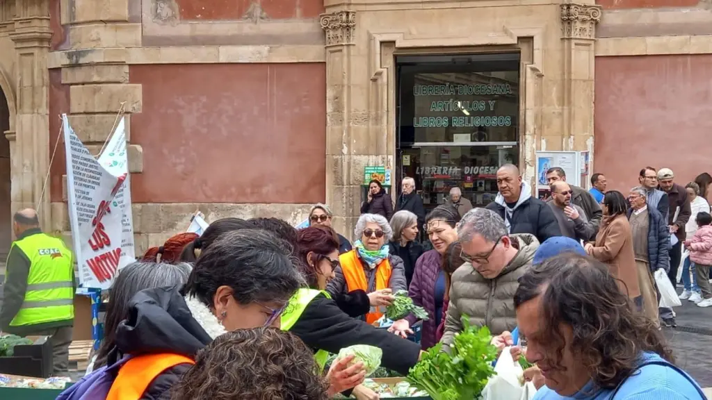 Ciudadanos en la recogida de frutas y verduras gratuitas