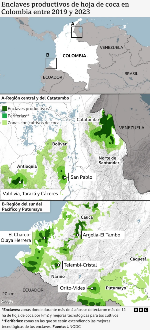 Mapa de los enclaves productivos de hoja de coca en Colombia entre 2019 y 2023. 