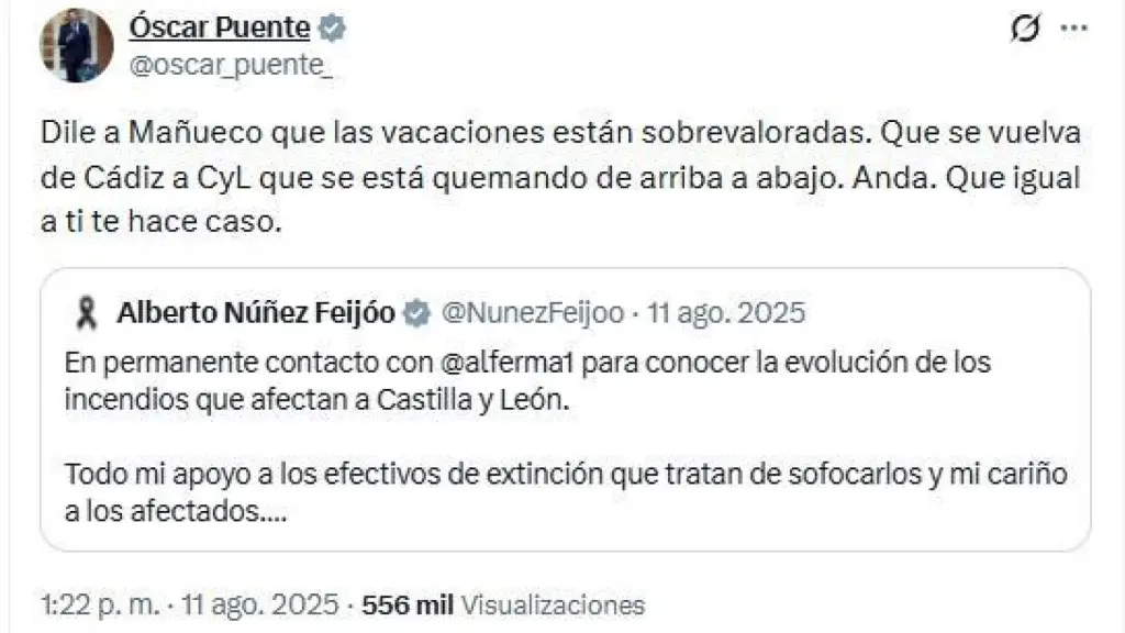 Tuit publicadoi por Óscar Puente el pasado 11 de agosto, durante la oleada de incendios forestales.