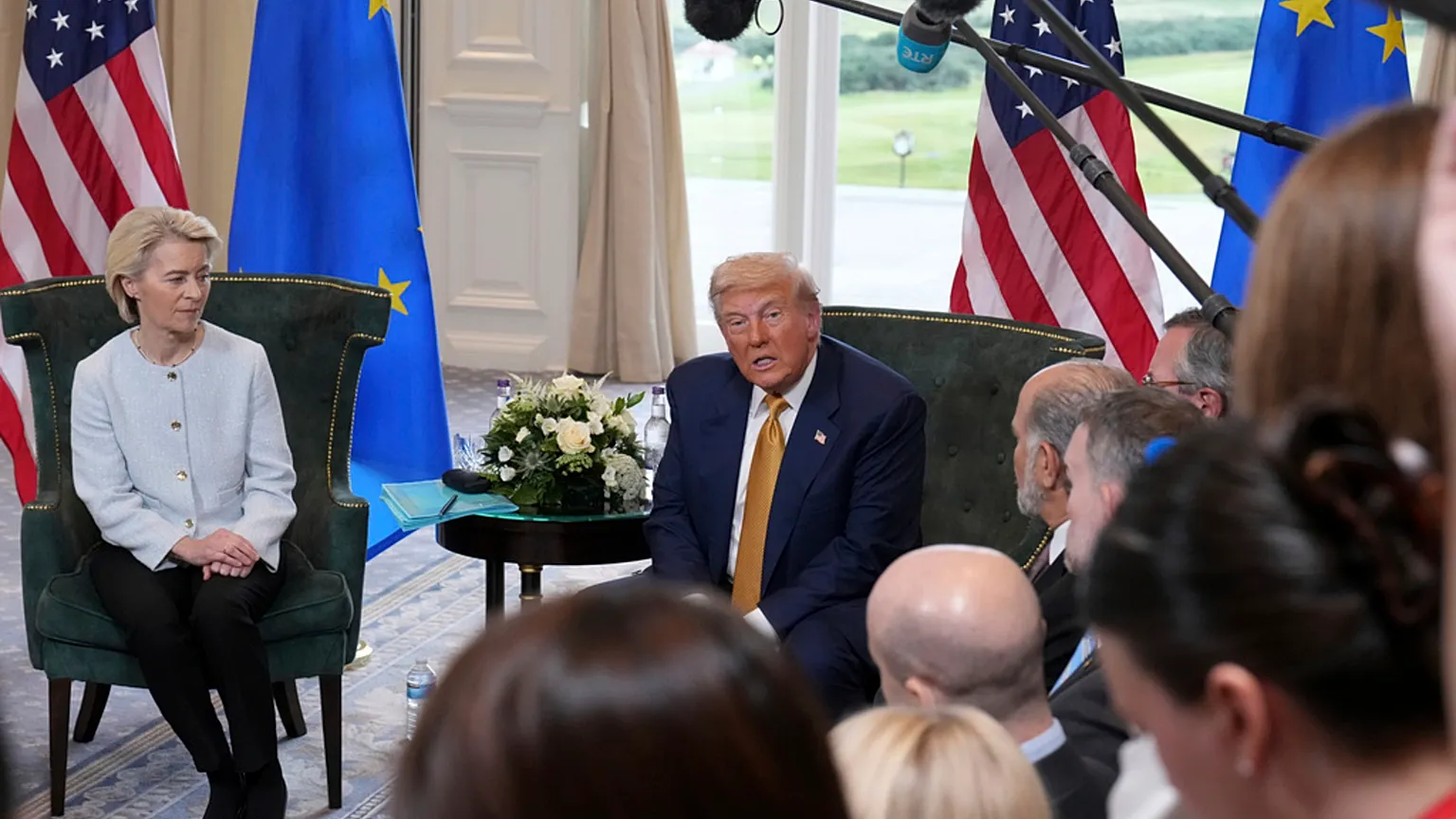 President Donald Trump speaks to the media as he meets European Commission President Ursula von der Leyen at the Trump Turnberry golf course in Turnberry, Scotland, July 2026