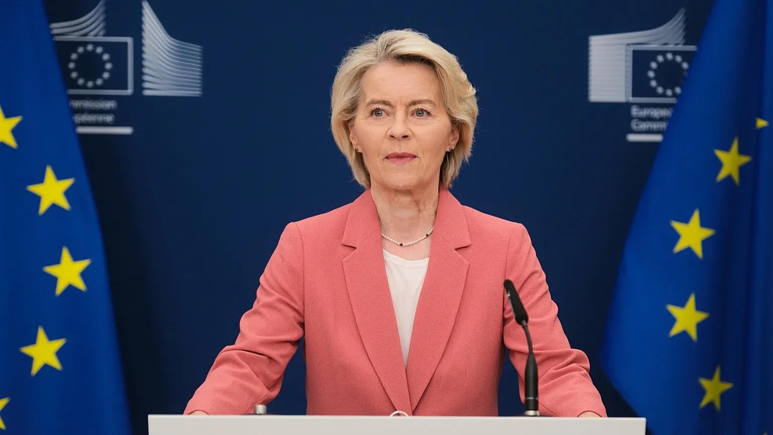 European Commission President Ursula von der Leyen delivers a media statement at EU headquarters in Brussels, Belgium, Thursday, Aug. 28, 2025. (AP Photo)