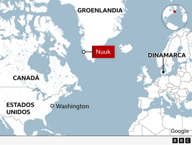 Mapa que muestra la ubicación de Groenlandia y su capital, Nuuk, además de Canadá, Estados Unidos y Dinamarca.