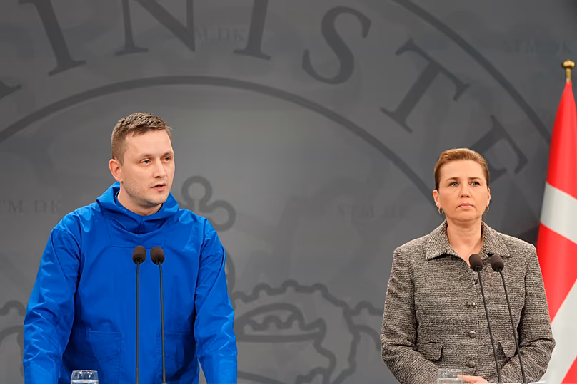 Chairman of the Naalakkersuisut, Greenland, Jens-Frederik Nielsen and Denmark's Prime Minister Mette Frederiksen, right, give a statement, Tuesday, Jan. 13, 2026.