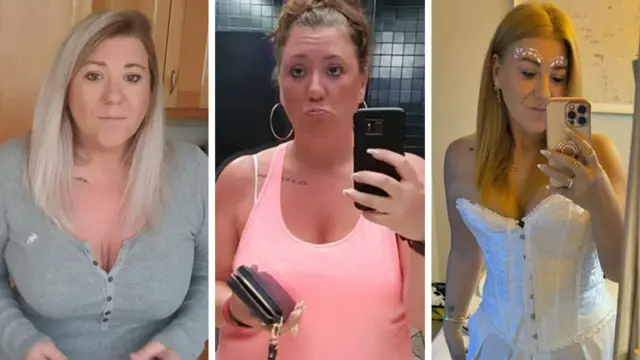 Tres fotos de Tanya en diferentes etapas de su pérdida de peso. En la primera foto, a la izquierda, lleva una camiseta gris; en la del medio, está en el gimnasio; y en la tercera, ha perdido peso, lleva un corsé blanco y sonríe a la cámara.