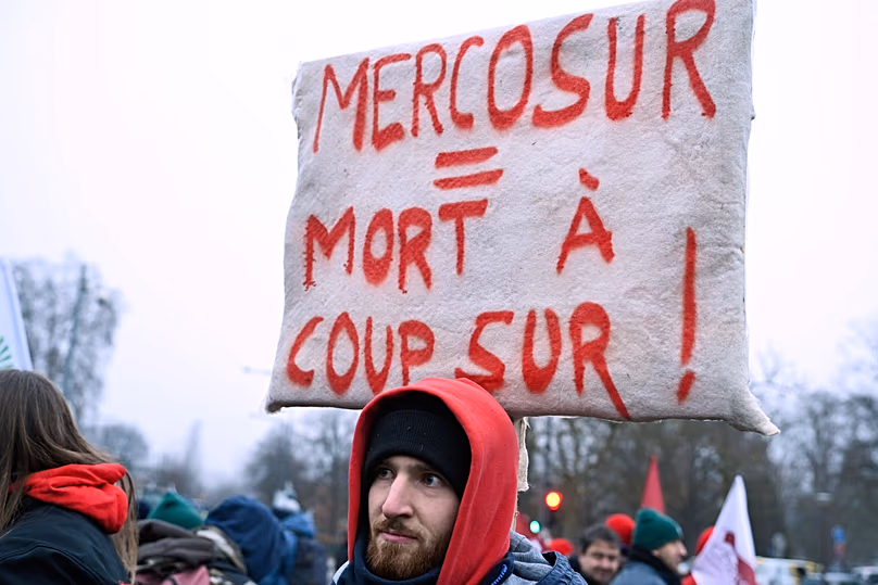 Demonstration against the EU-Mercusor trade agreement outside the European Parliament in Strasbourg