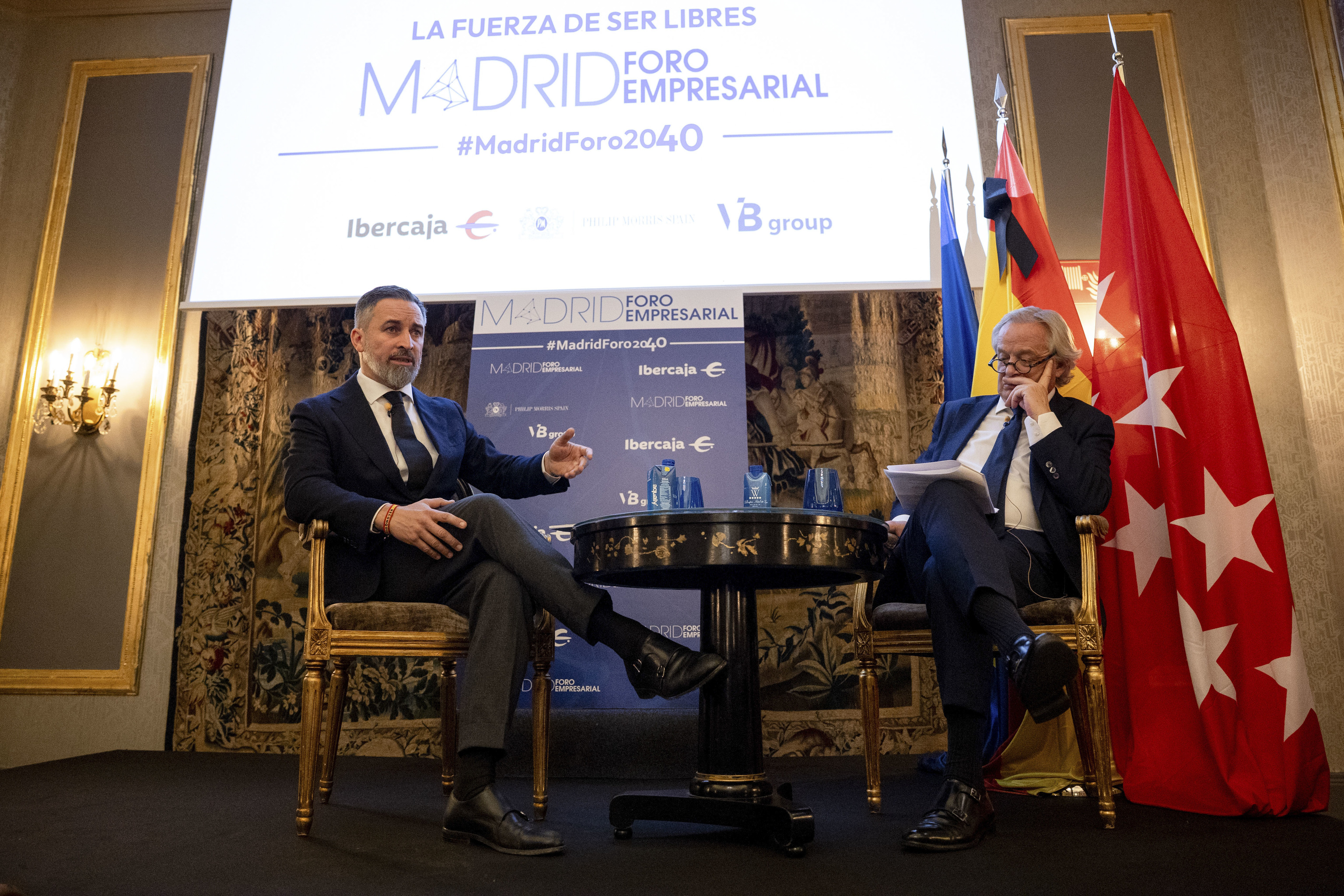 El presidente de Vox, Santiago Abascal, este miércoles, en un encuentro organizado por Madrid Foro Empresarial