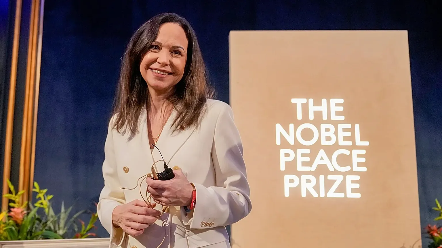 Nobel Peace Prize laureate Maria Corina Machado smiles during a press conference at the Grand Hotel in Oslo, Norway, `11 December 2025.