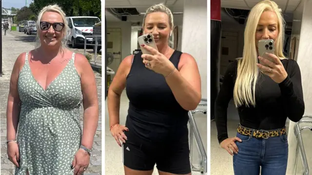 Tres fotos, una al lado de la otra, de Ellen en diferentes etapas de su pérdida de peso. En la foto del extremo izquierdo, está más corpulenta y lleva un vestido verde; en la del medio, está en el gimnasio; y en la última foto, está delgada, con vaqueros azules y una camiseta negra.