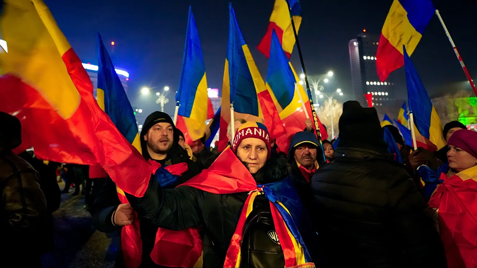 People protest against government austerity measures in Bucharest, Romania, Thursday, Jan. 15, 2026. (AP Photo/Vadim Ghirda)