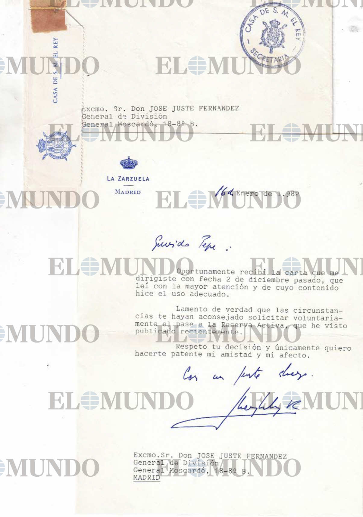 La respuesta de Don Juan Carlos a la misiva del general Juste.