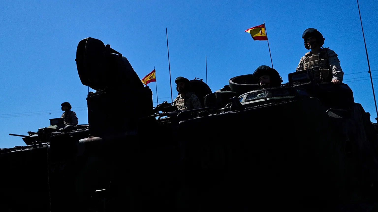 Spanish Navy soldiers atop of tow Assault Amphibious Vehicles during the NATO Dynamic Mariner/Flotex-25 naval exercise in Barbate, southern Spain, 28 March 2025.