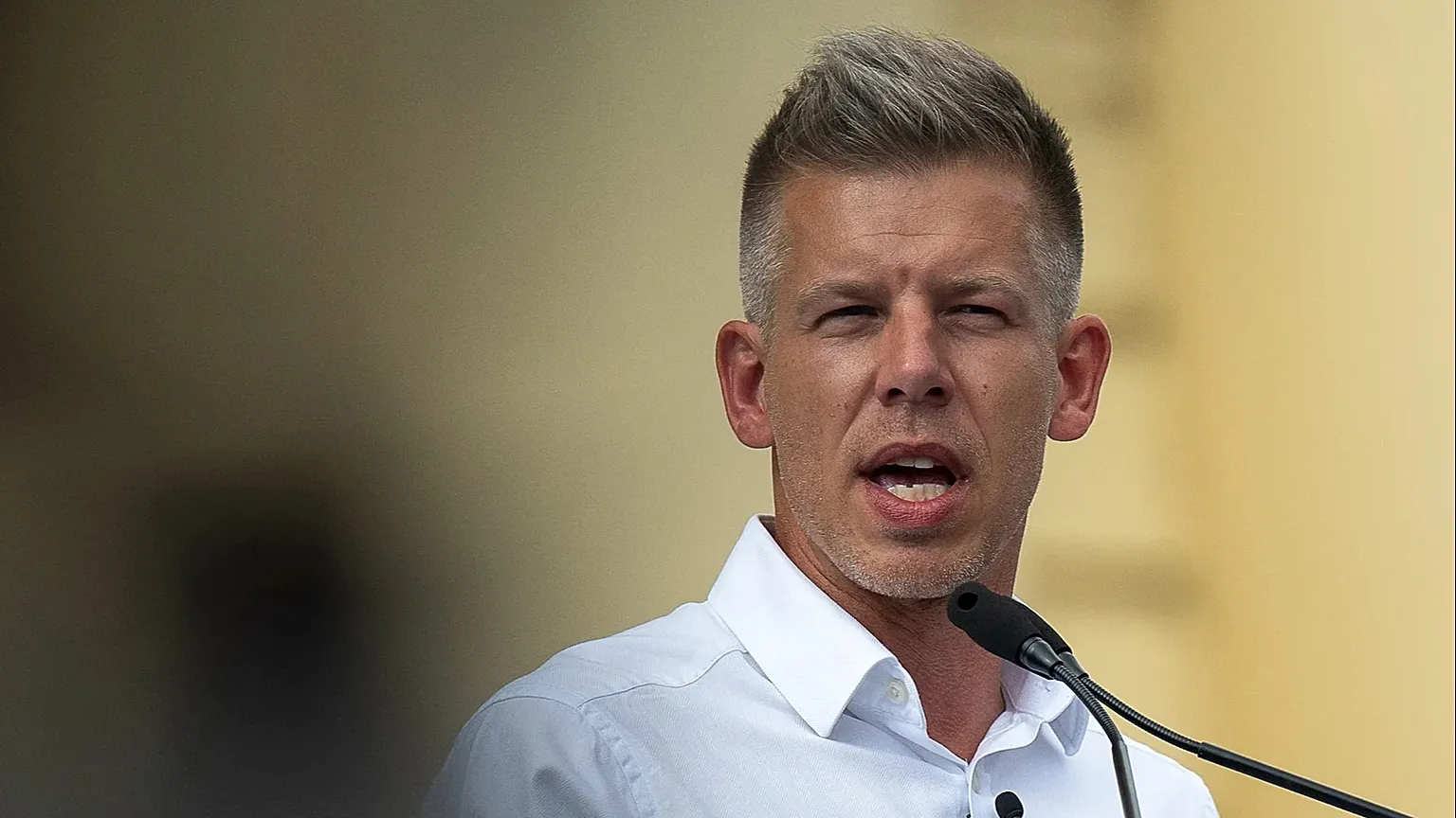 Péter Magyar, lead challenger to Hungarian Prime Minister Viktor Orbán, addresses people at a campaign rally in the rural city of Debrecen.