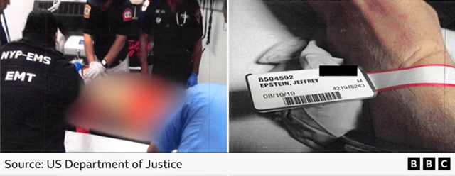 Los trabajadores de emergencia atienden a Epstein en la imagen de la izquierda; a la derecha se puede ver la mano de Epstein con una etiqueta que muestra su nombre y fecha de muerte.
