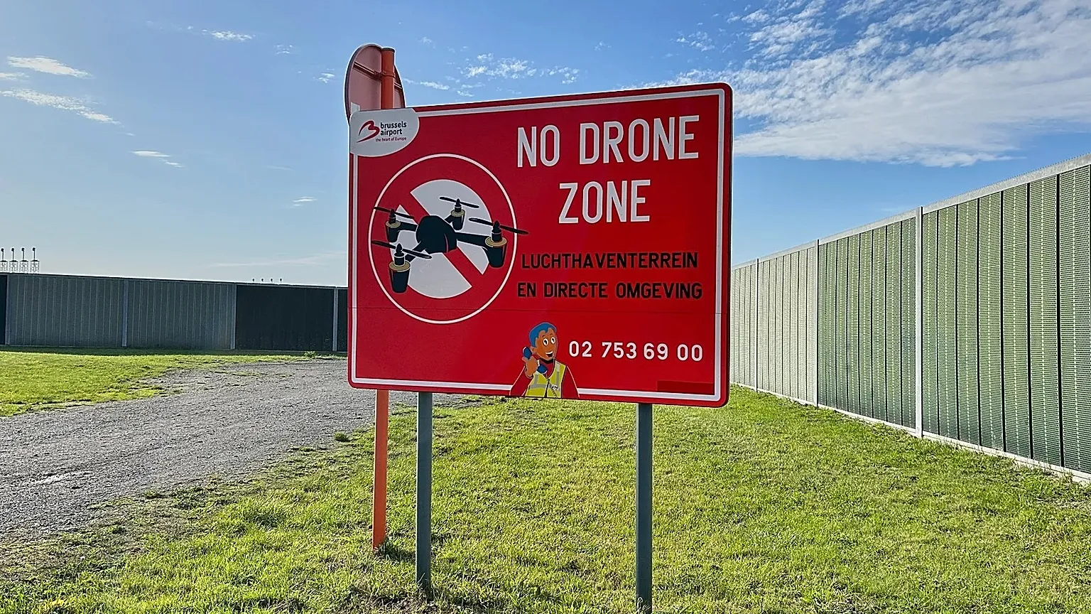 A no drone sign just outside the perimeter of Brussels International Airport in Zaventem, Belgium, after reported overnight drone activity over the airport in November 2025.