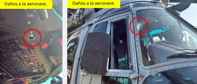 Dos fotos que muestran impactos de armas en la cabina de un helicóptero militar