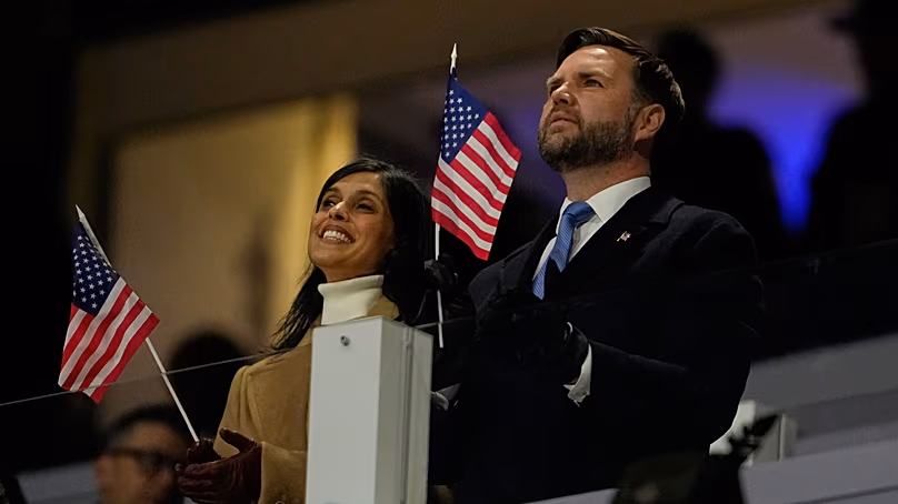 Vice President JD Vance and his wife Usha Vance cheer on team USA during the Olympic opening ceremony at the 2026 Winter Olympics, in Milan, Italy, Friday, Feb. 6, 2026. 