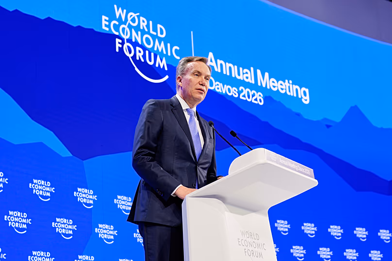CEO of the World Economic Forum Borge Brende talks during of the Annual Meeting of the World Economic Forum in Davos, Switzerland, Tuesday, Jan. 20, 2026.
