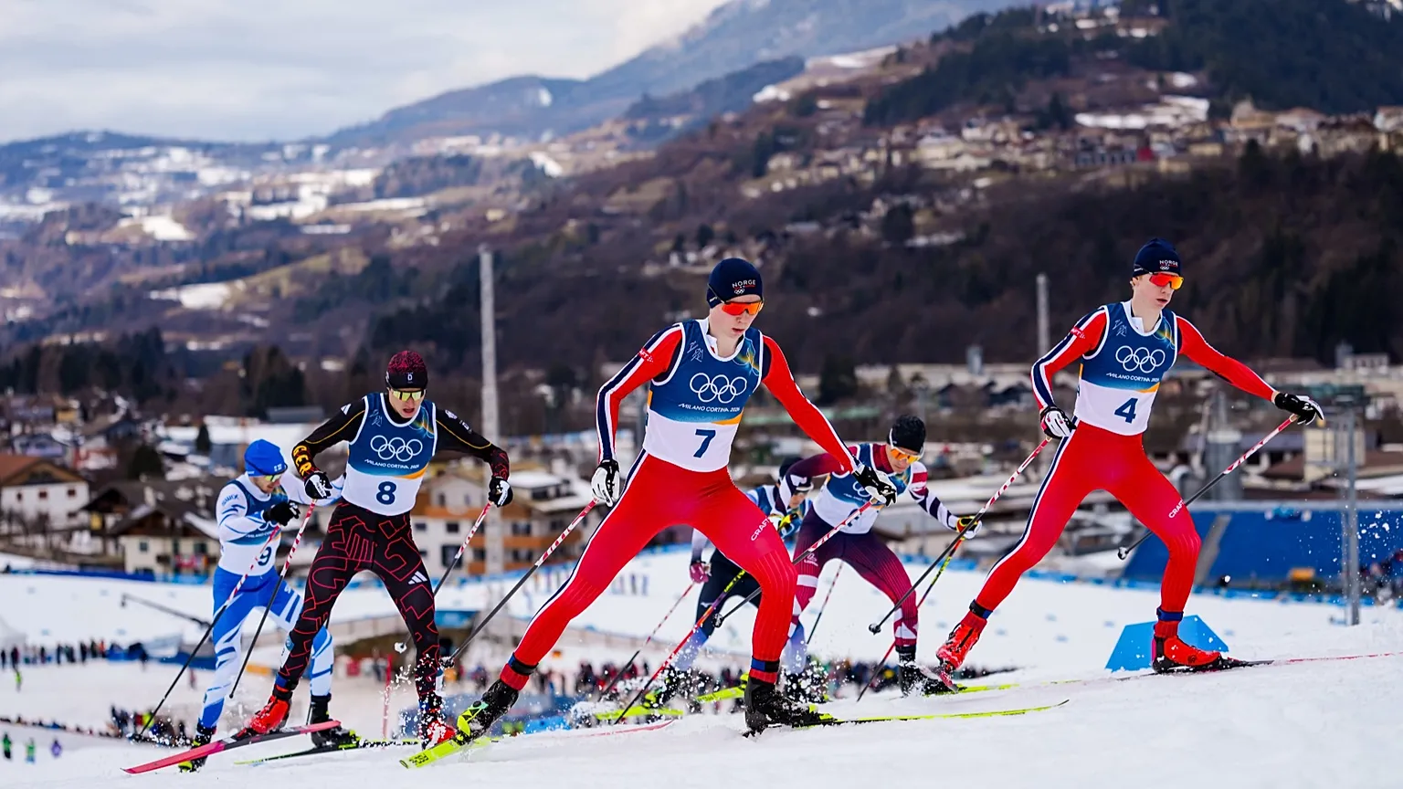 Norwegian skiiers compete in the Nordic Combined Individual Gundersen Normal Hill/10km competition at the 2026 Winter Olympics, in Tesero, Italy, Wednesday, Feb. 11, 2026.