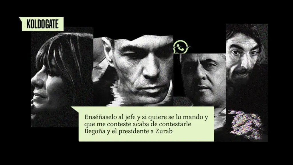 Begoña Gómez, Zurab Pololikashvili, Pedro Sánchez y Javier Hidalgo, junto a uno de los mensajes del WhatsApp de Koldo