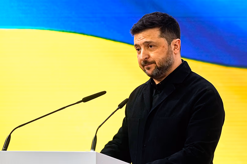 Ukrainian President Volodymyr Zelenskyy delivers a keynote speech at the Munich Security Conference, in Germany on 14 Feb 2026.