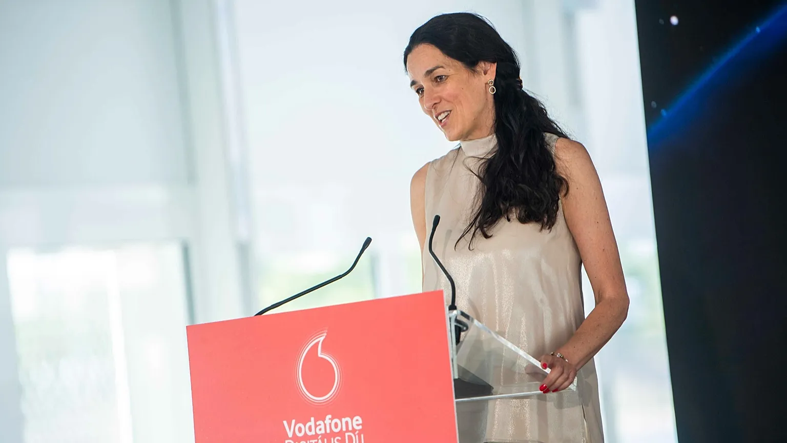 Anita Orbán, Tisza Party's current foreign policy lead, speaking as the director of Vodafone in 2022.
