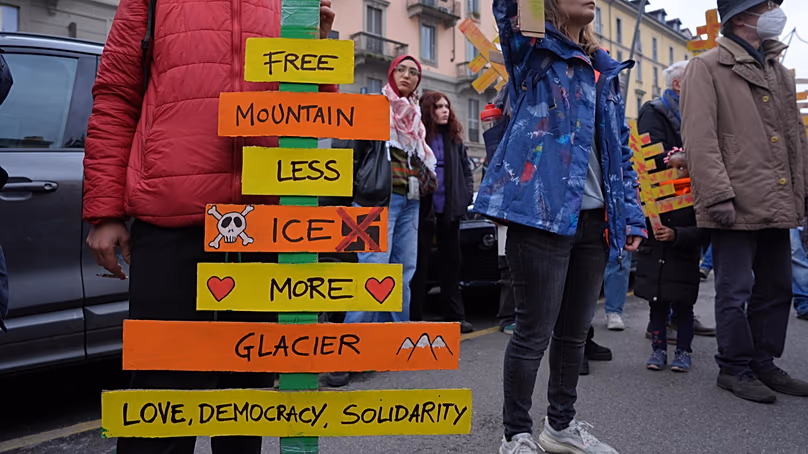 March against the environmental impact of the Milan Cortina Winter Olympics and the presence of U.S. Immigration and Customs Enforcement agents. Milan, Saturday Feb. 7, 202