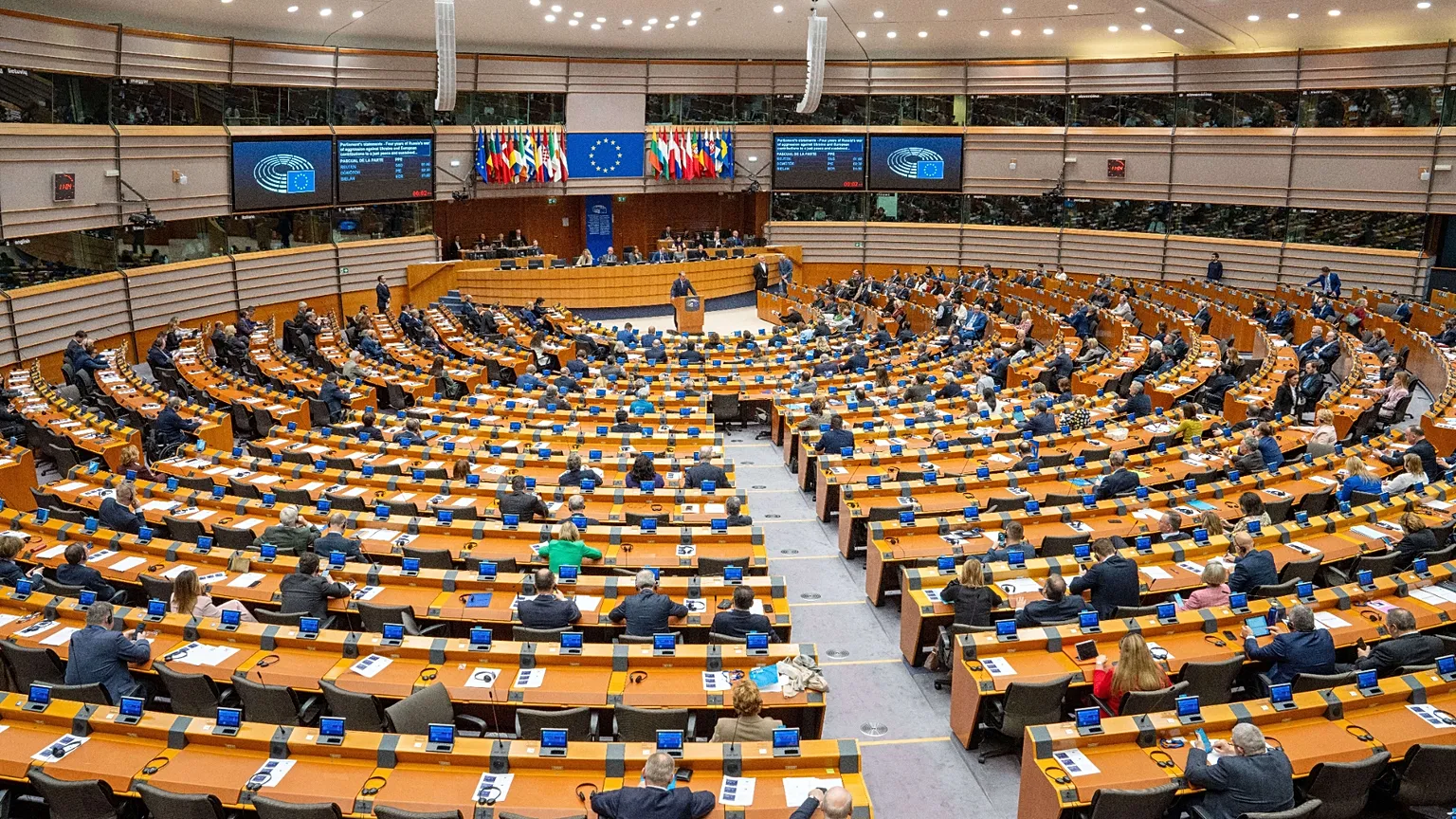 A general view of the chamber during an extraordinary plenary session at the European Parliament in Brussels, Tuesday, Feb. 24, 2026.