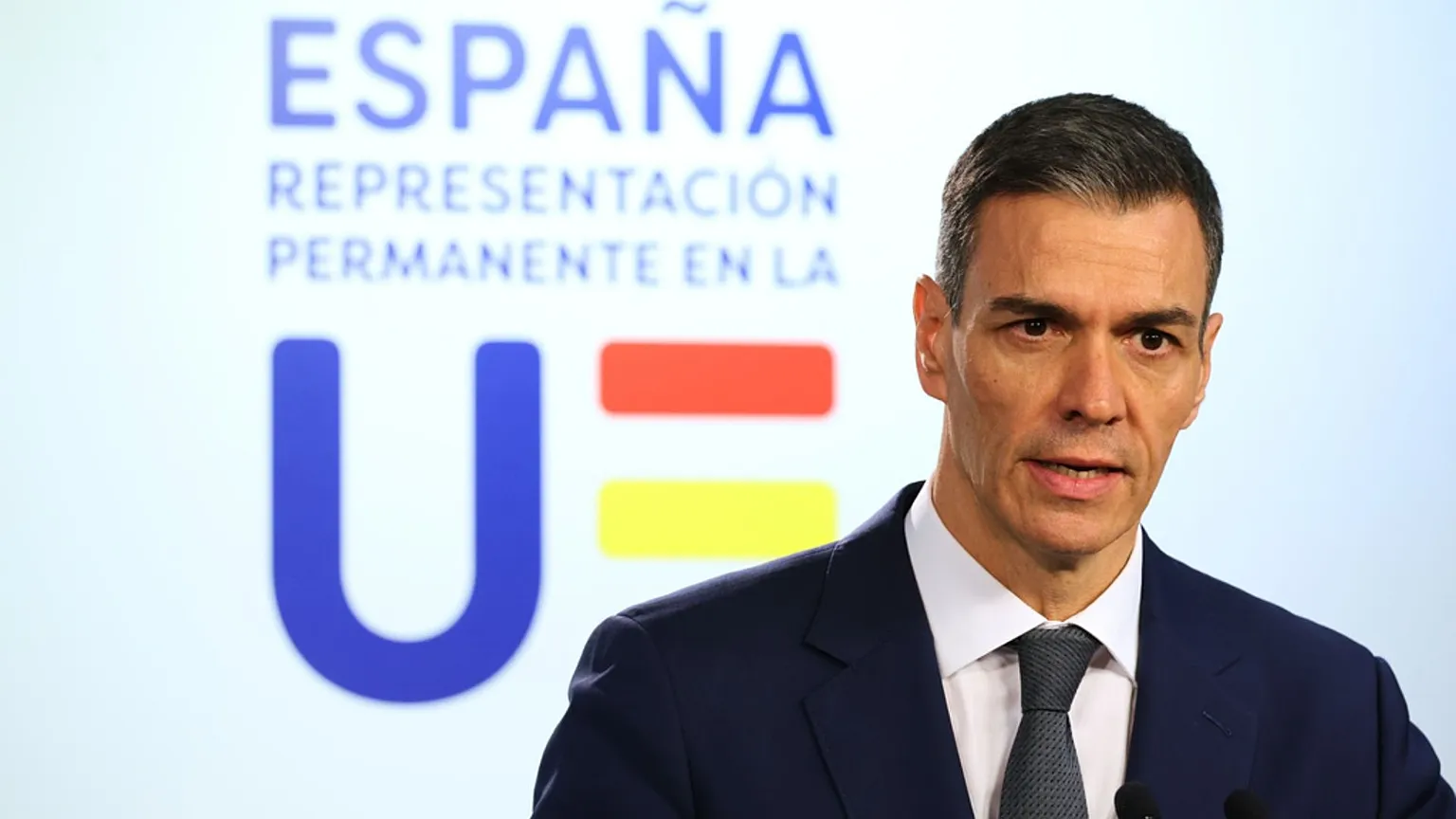 Spain's Prime Minister Pedro Sanchez speaks during a media conference at the end of the EU summit in Brussels, 23 Janauary 2026